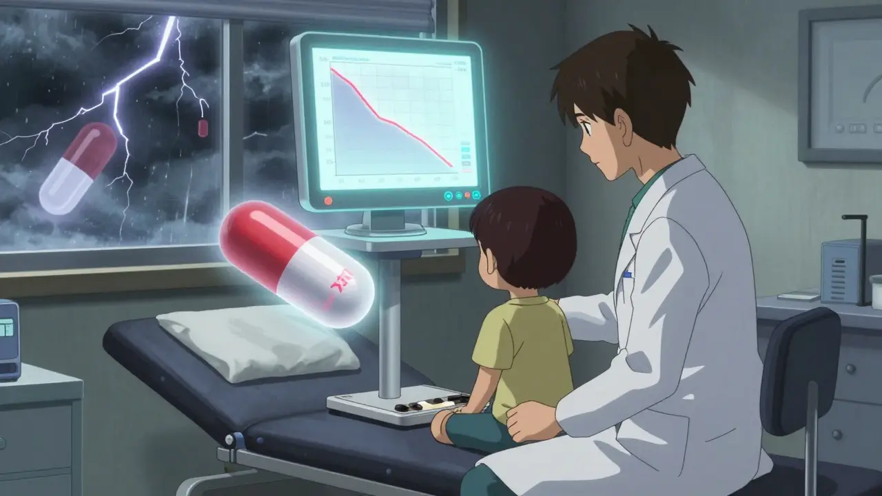 A child is weighed while a floating ADHD medication capsule emits warning glyphs, with a stormy window in the background.