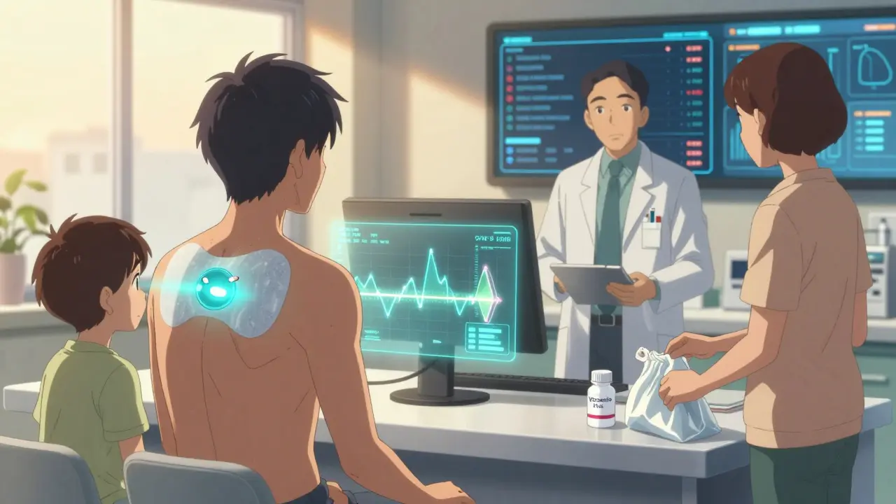 A futuristic scene with a patient wearing a medication adherence patch and pharmacist monitoring real-time data