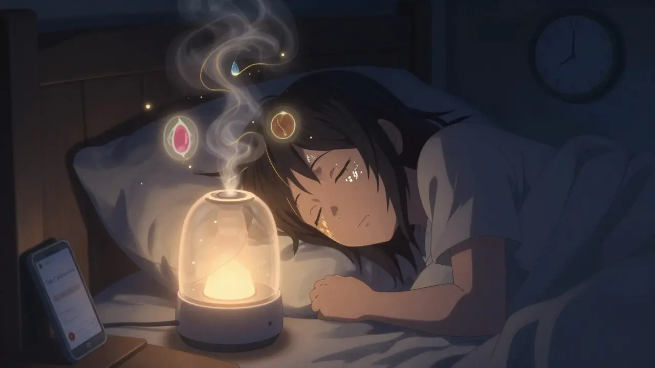 A person sleeps peacefully as golden humidifier mist curls around their face, with a shimmering oil-layer film over closed eyelids and a reminder icon floating above.