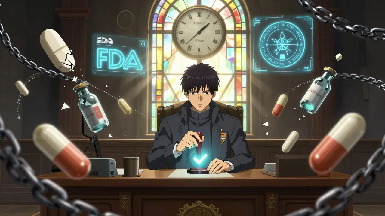 A Qualified Person holds a glowing approval stamp amid suspended failed drug batches, under the watchful gaze of regulatory seals.