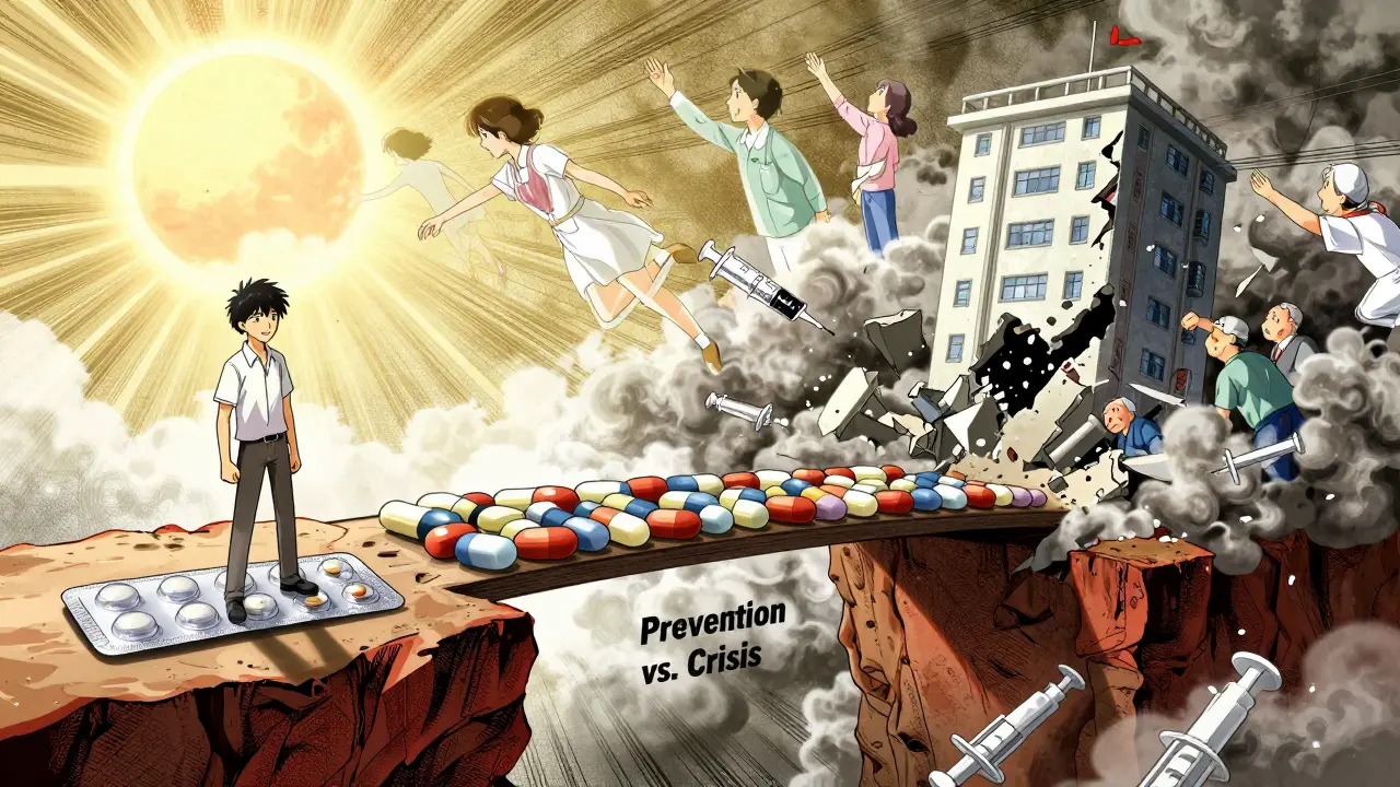 A symbolic bridge of pills separates prevention from crisis, with figures reaching across a chasm of medical collapse.