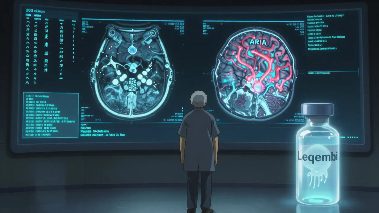 An elderly patient faces two glowing MRIs showing brain abnormalities, with a pulsing Alzheimer's drug vial beside them.