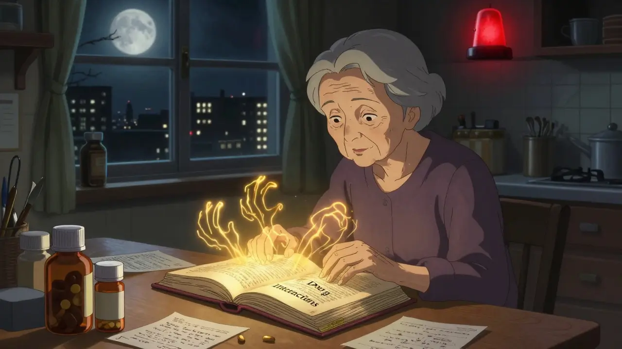 An elderly woman at a table with pill bottles and a glowing book revealing spectral interaction warnings.