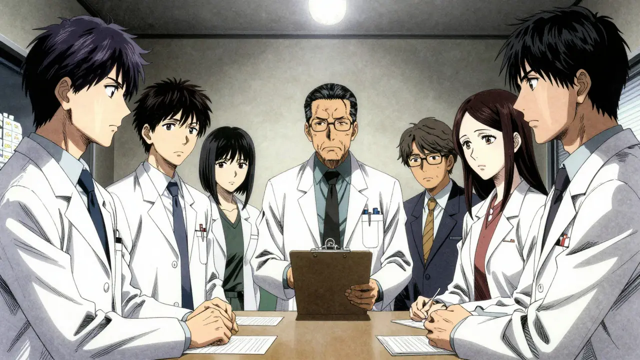 Exhausted pharmacy staff meeting in dimly lit room