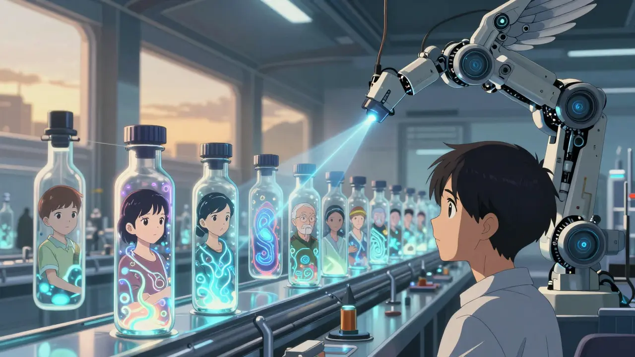 Floating biologic vials glow as robotic sensors analyze them, with patient reflections visible in the analyst's gaze at dawn.