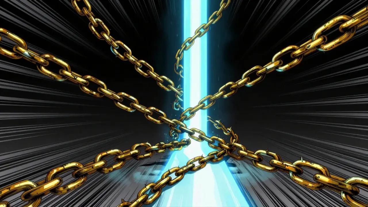 Glowing blue energy beam constricted by dark golden thorny chains.