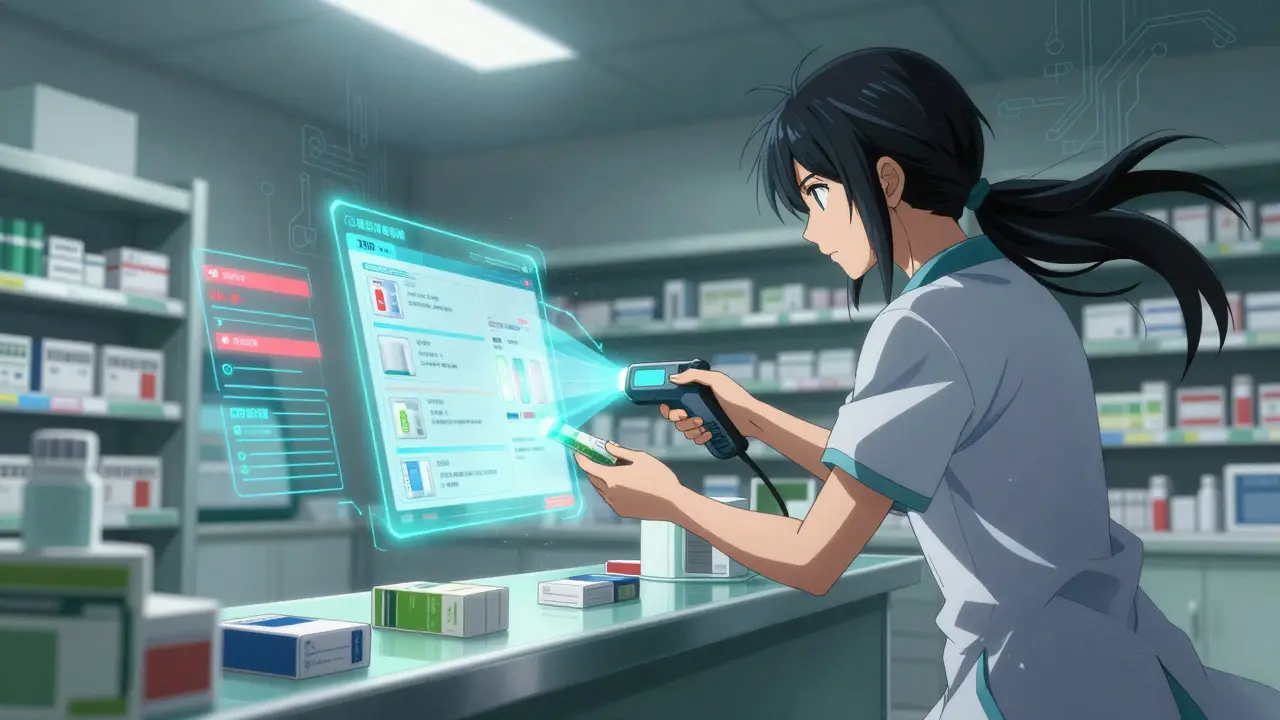 Healthcare worker scans products with verification system