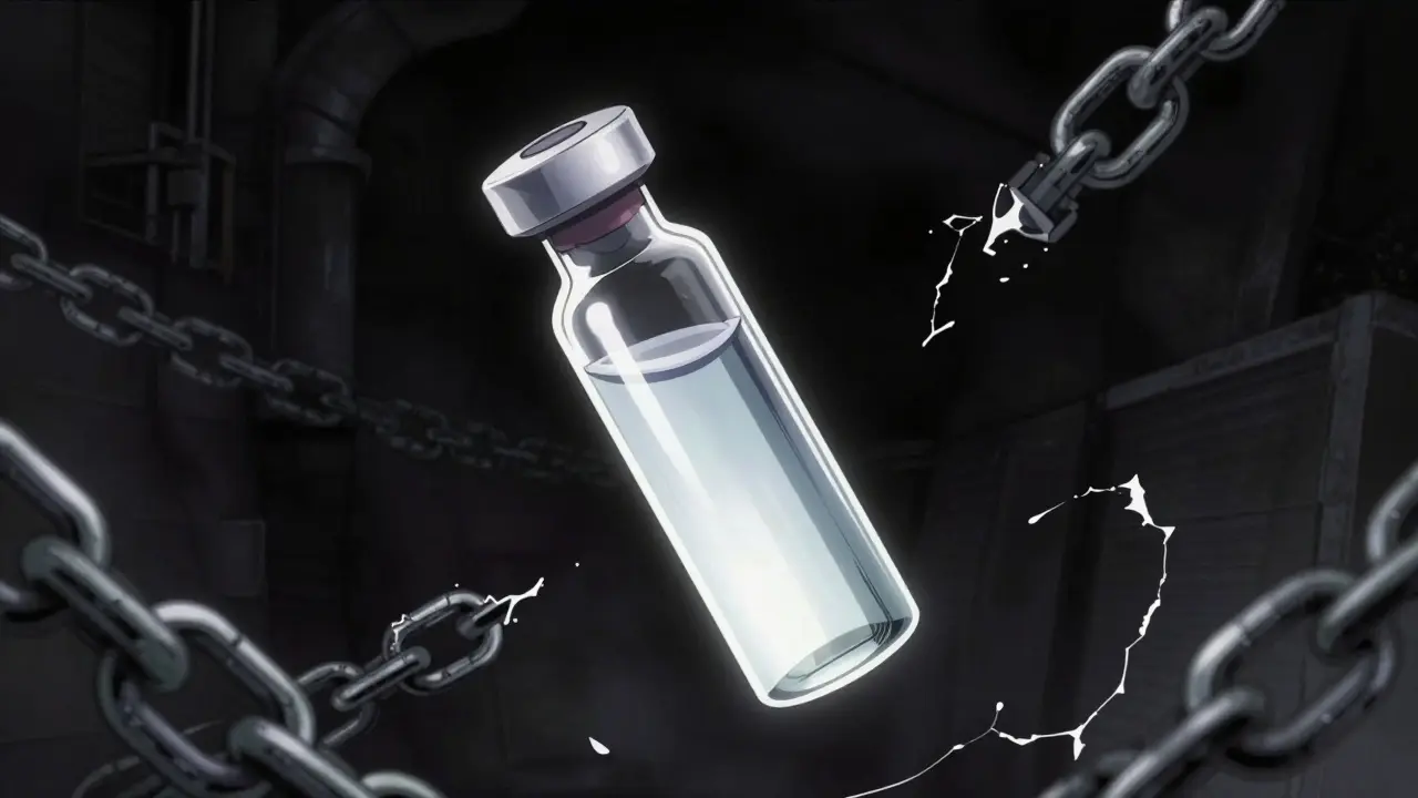 Medical vial floating with broken chains in dark void
