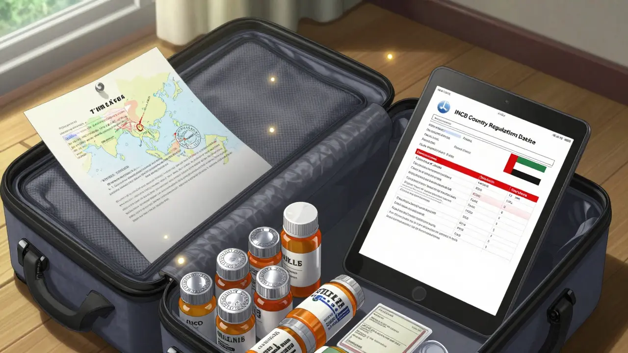 Open carry-on bag with prescription bottles, translated letter, and digital regulations screen on hotel floor.