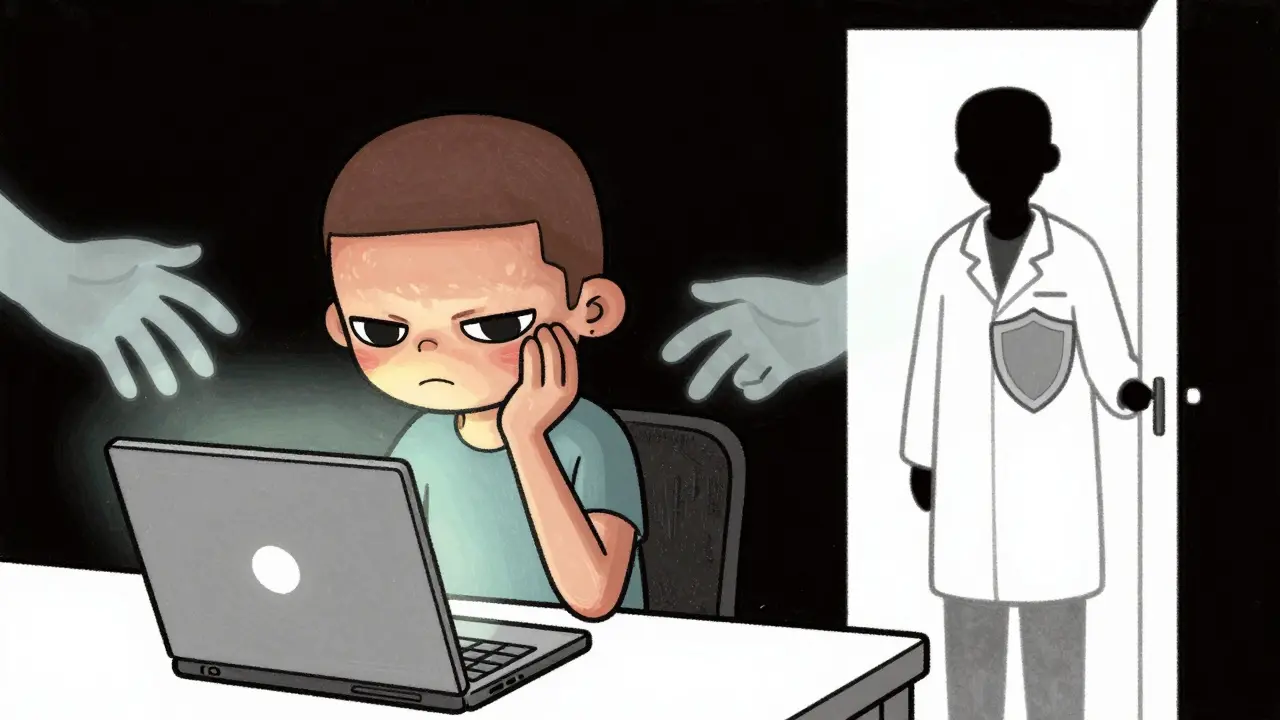 Patient reviewing health data with protective doctor silhouette nearby.