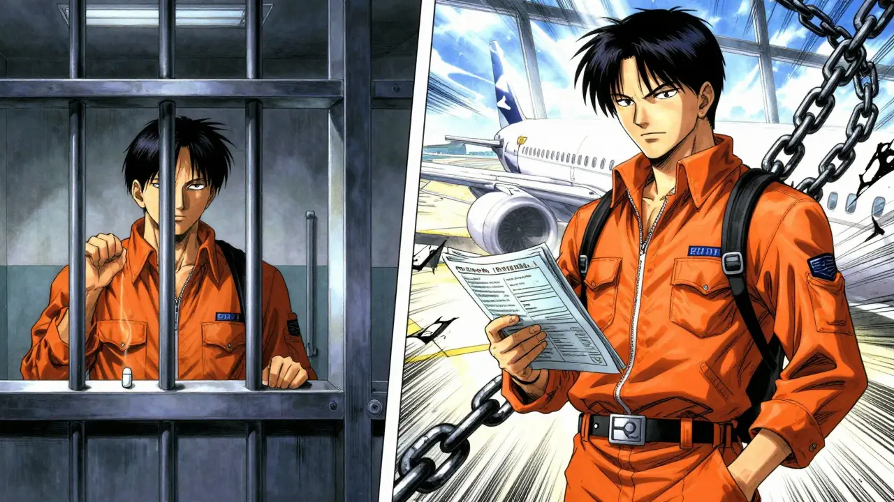 Split scene: traveler detained in prison vs. confidently traveling with proper medication documents.