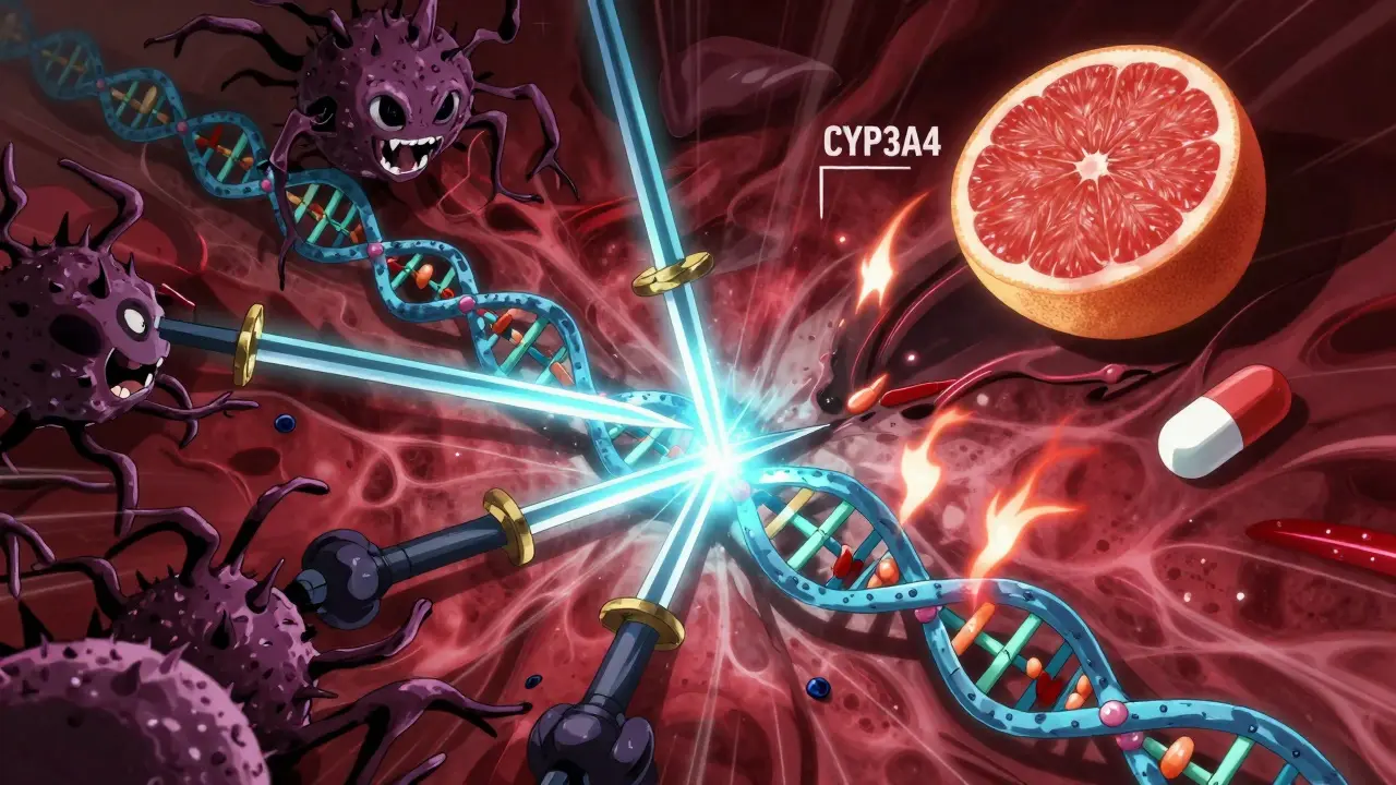 Surreal internal view of cancer cells being attacked by targeted drug molecules in the bloodstream