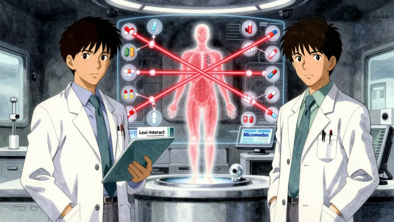 Two pharmacists using holographic drug interaction tools with glowing medical chains between them.