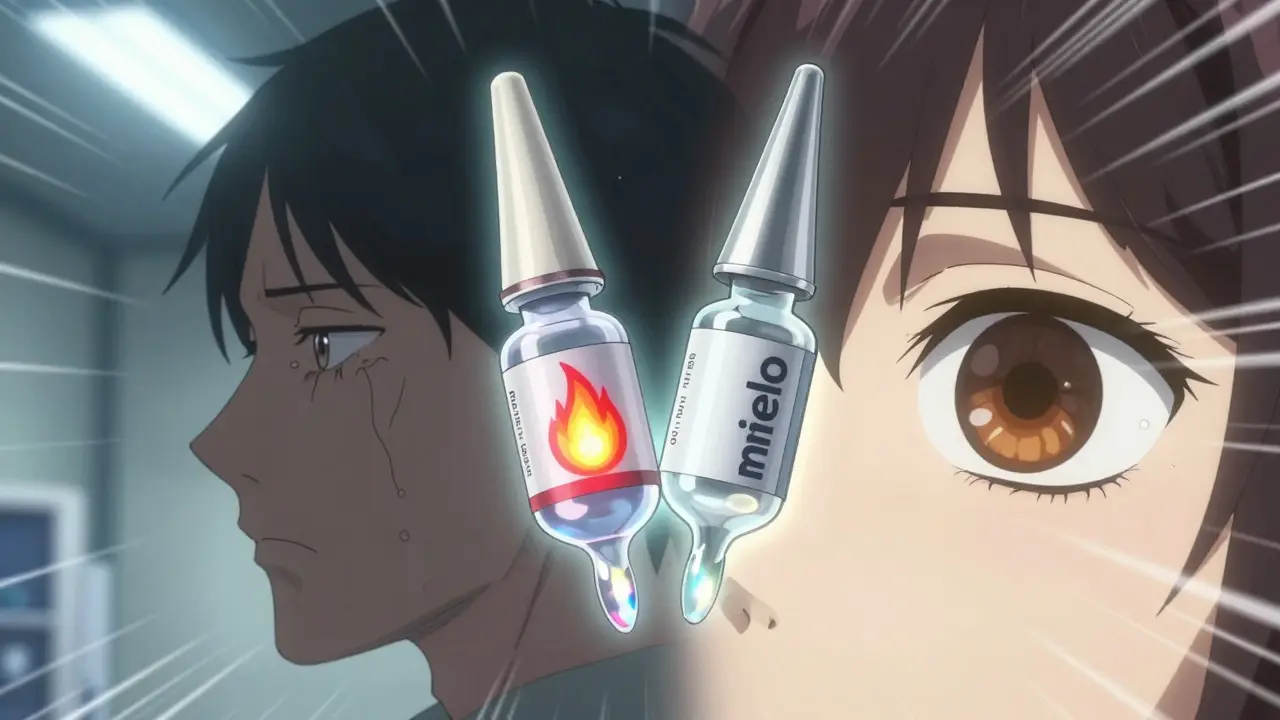 Two prescription eye drops float in mid-air, one glowing with inflammation, the other with a protective shield, against a split patient silhouette.