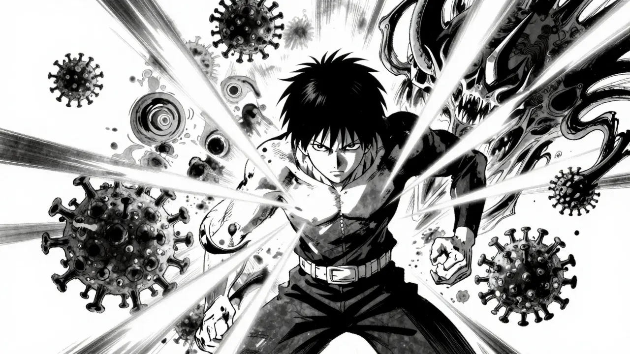 A character facing abstract manifestations of stress and UV radiation triggers