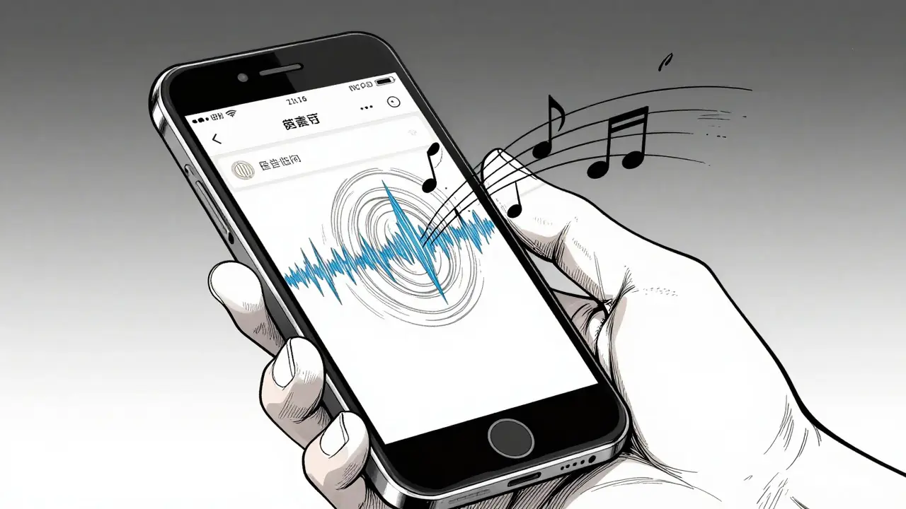 A close-up of a smartphone emitting stylized sound waves while reading a medical document.