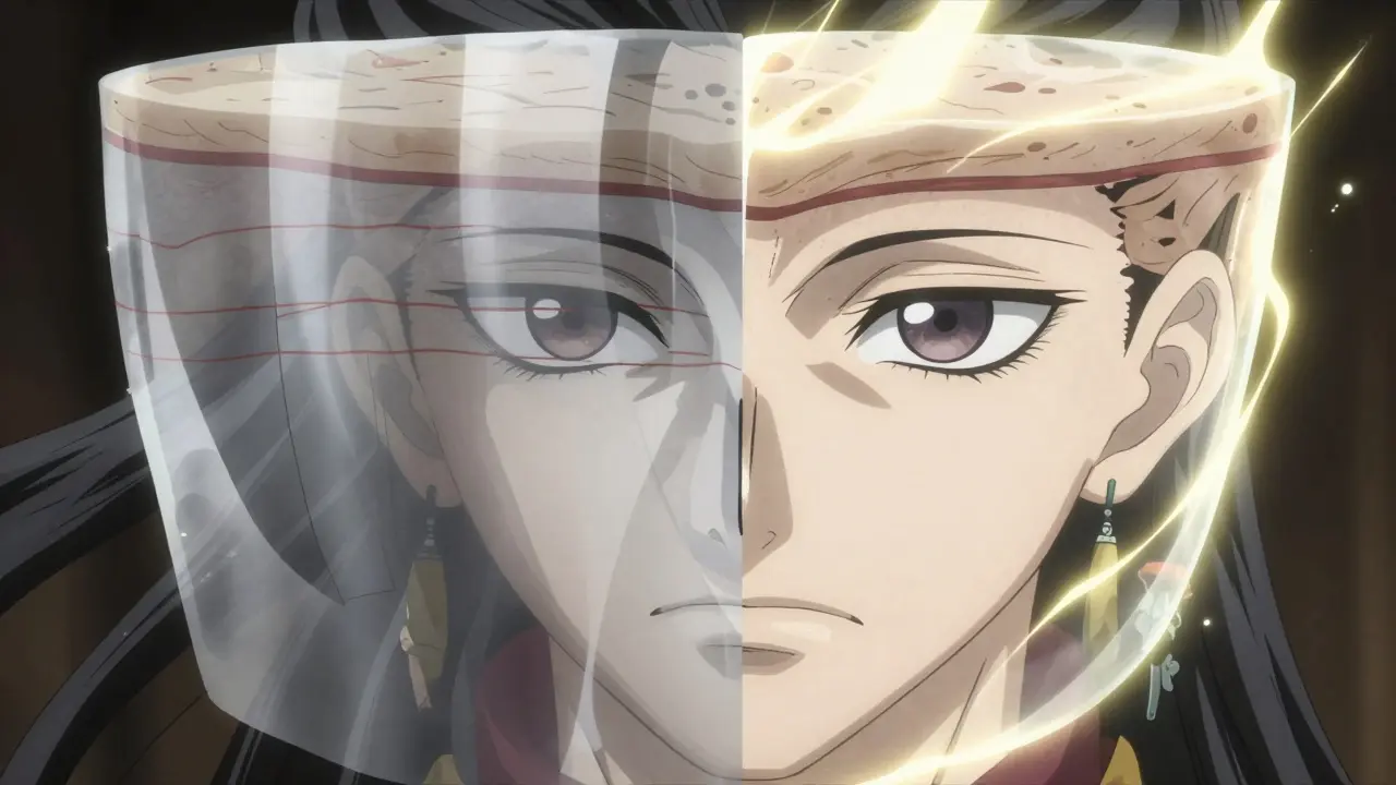 A conceptual comparison of thin skin atrophy and healthy skin in Tite Kubo style.