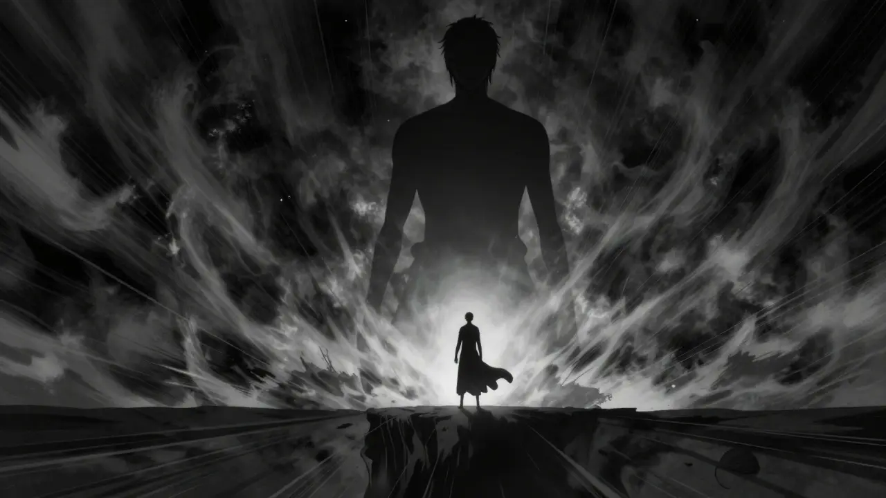 A fragile person facing a massive wave of dark energy representing a dangerous dose.