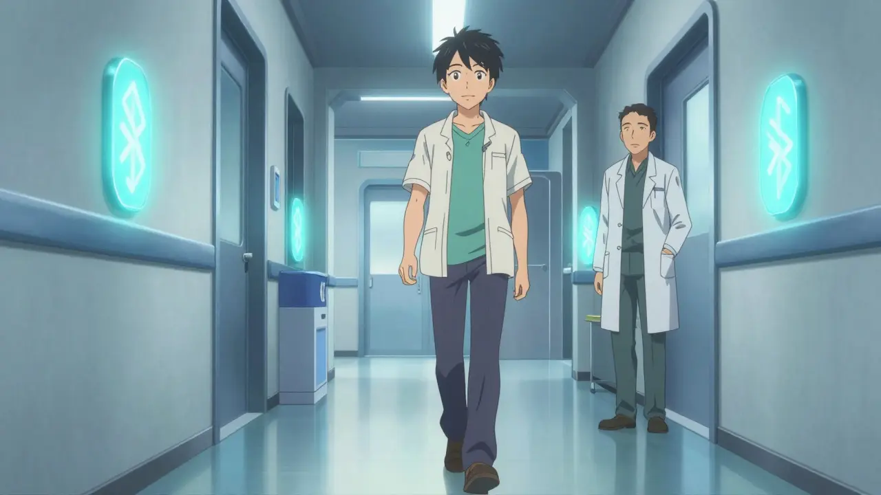 A patient walking confidently in a clinic guided by glowing audio beacon symbols.