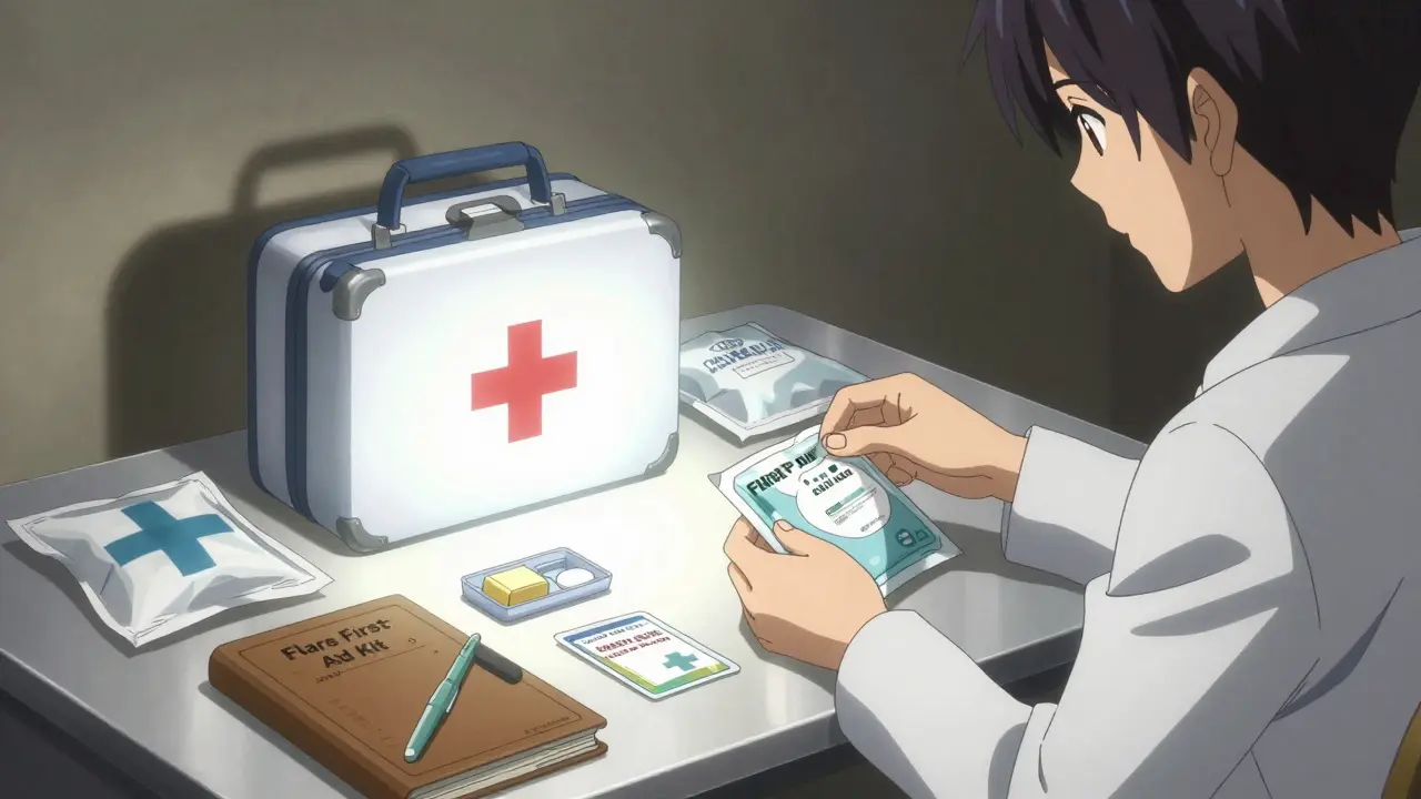 A person organizing a flare first aid kit with a hopeful, protective glow