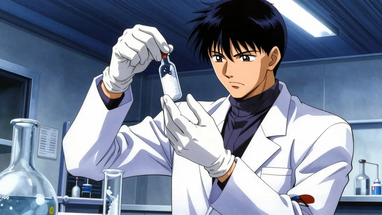 A scientist in a lab coat wearing gloves and holding a vial of powder.