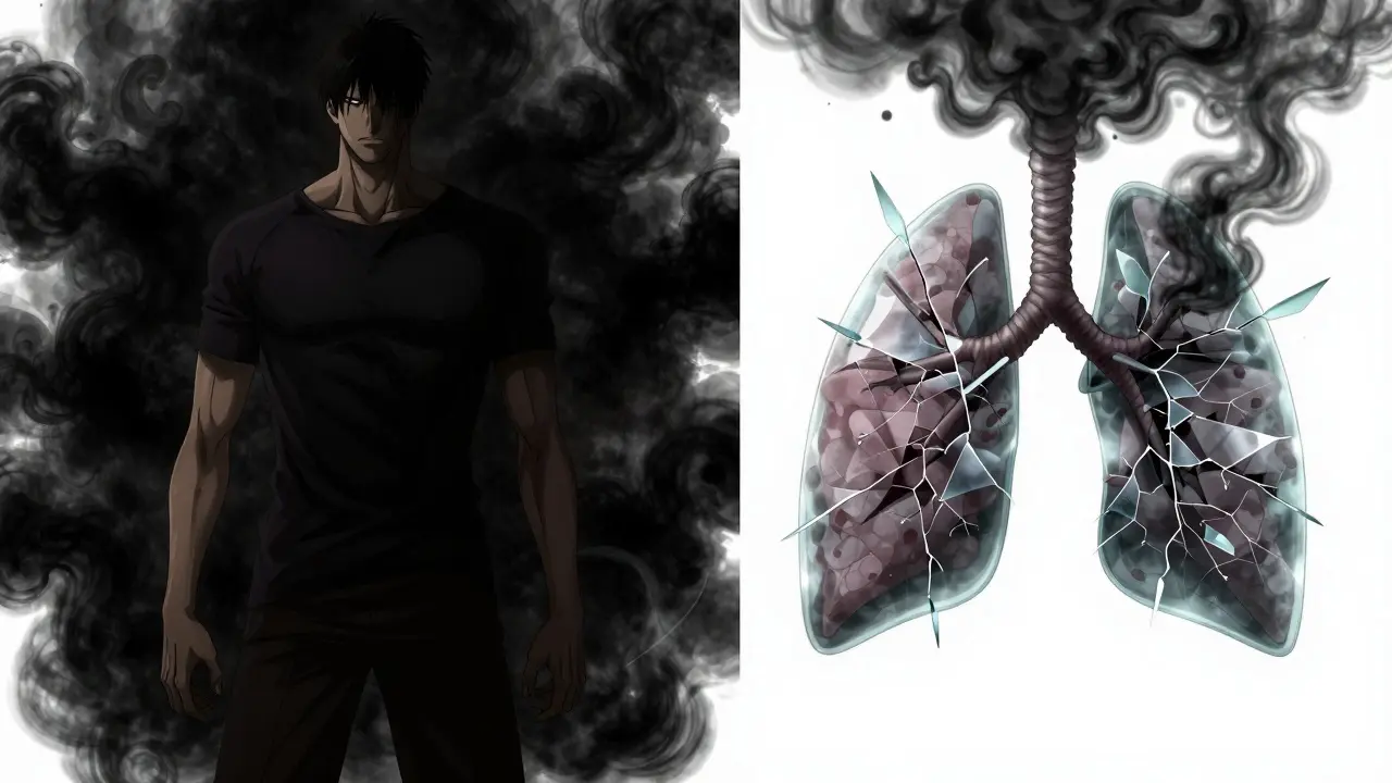 A split image showing a strong aura of pain tolerance versus fragile, cracking lungs.