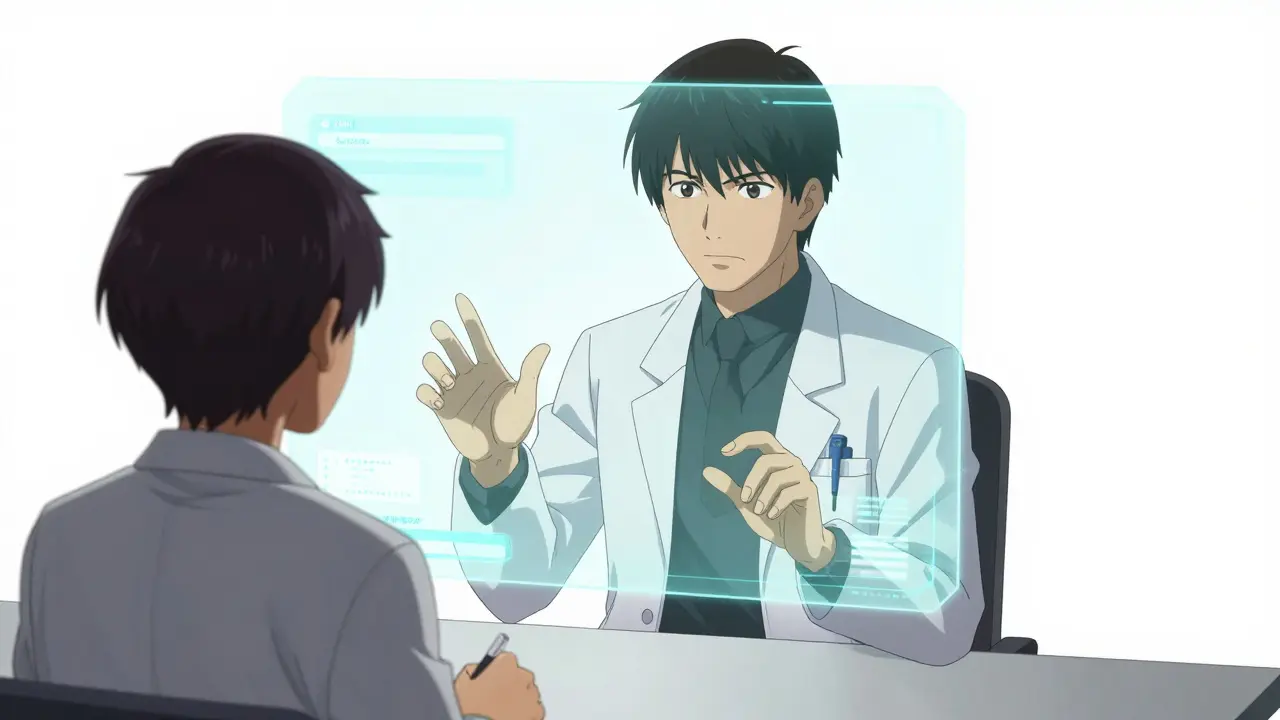 A telehealth doctor providing a digital prescription via a holographic screen