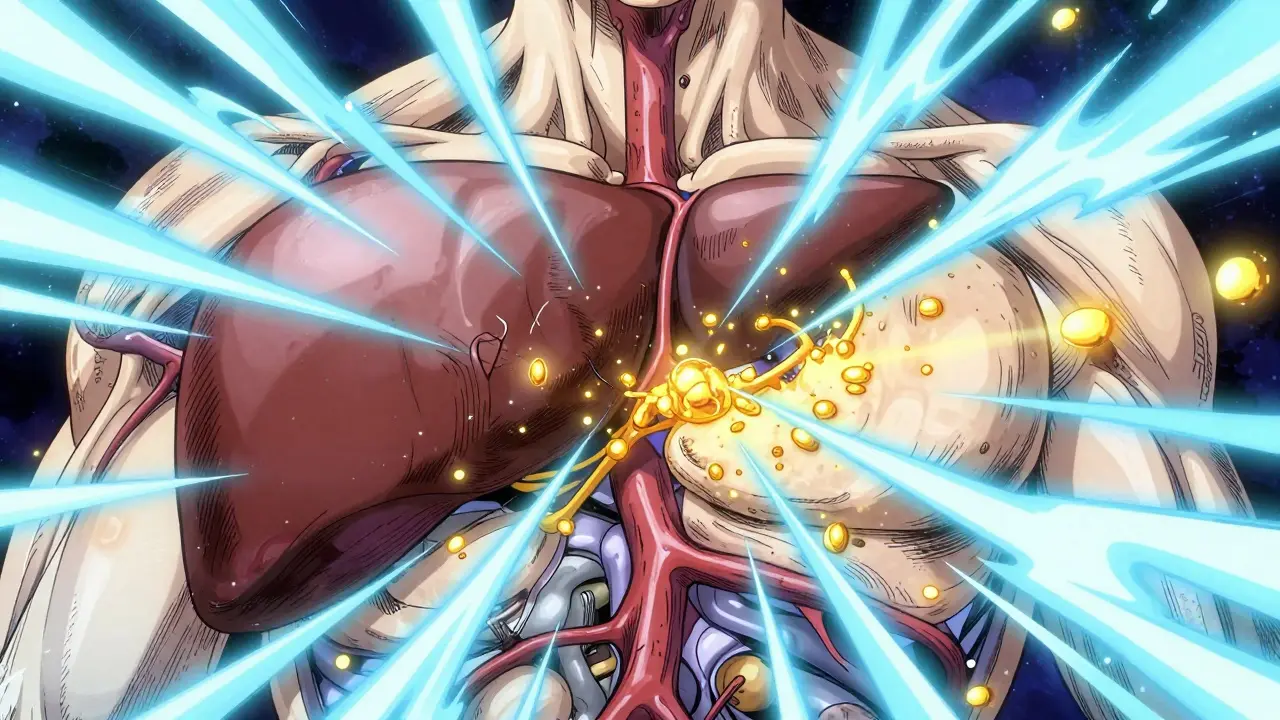 Abstract anime representation of metformin regulating glucose in the body