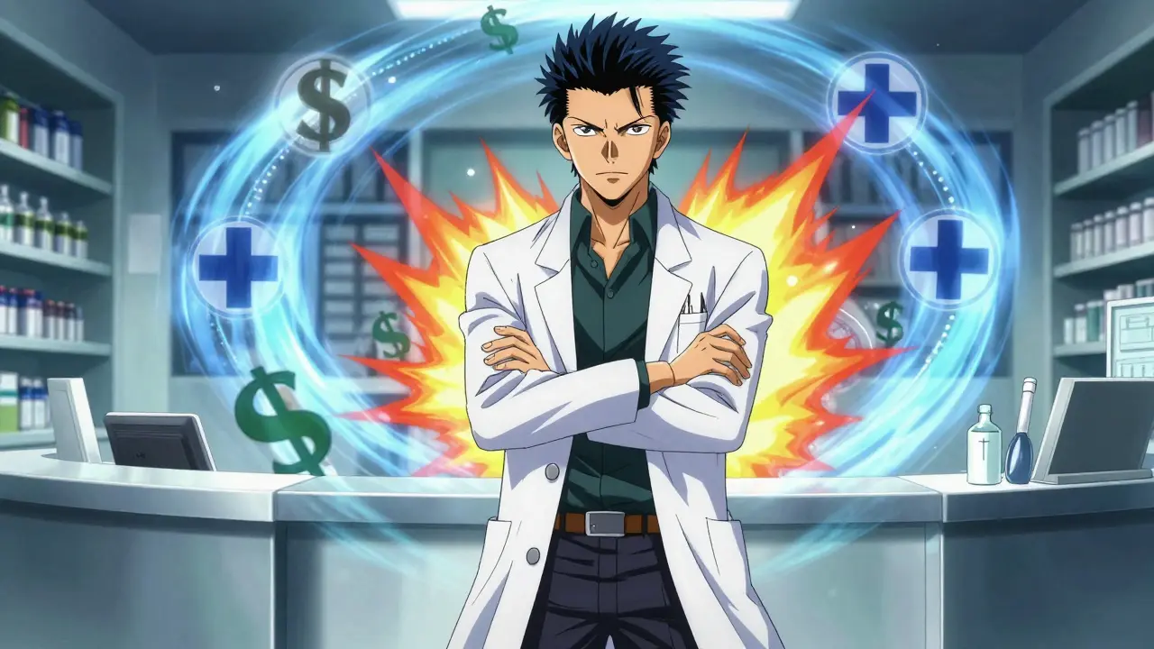 Determined pharmacist standing defensively in a modern pharmacy, anime style