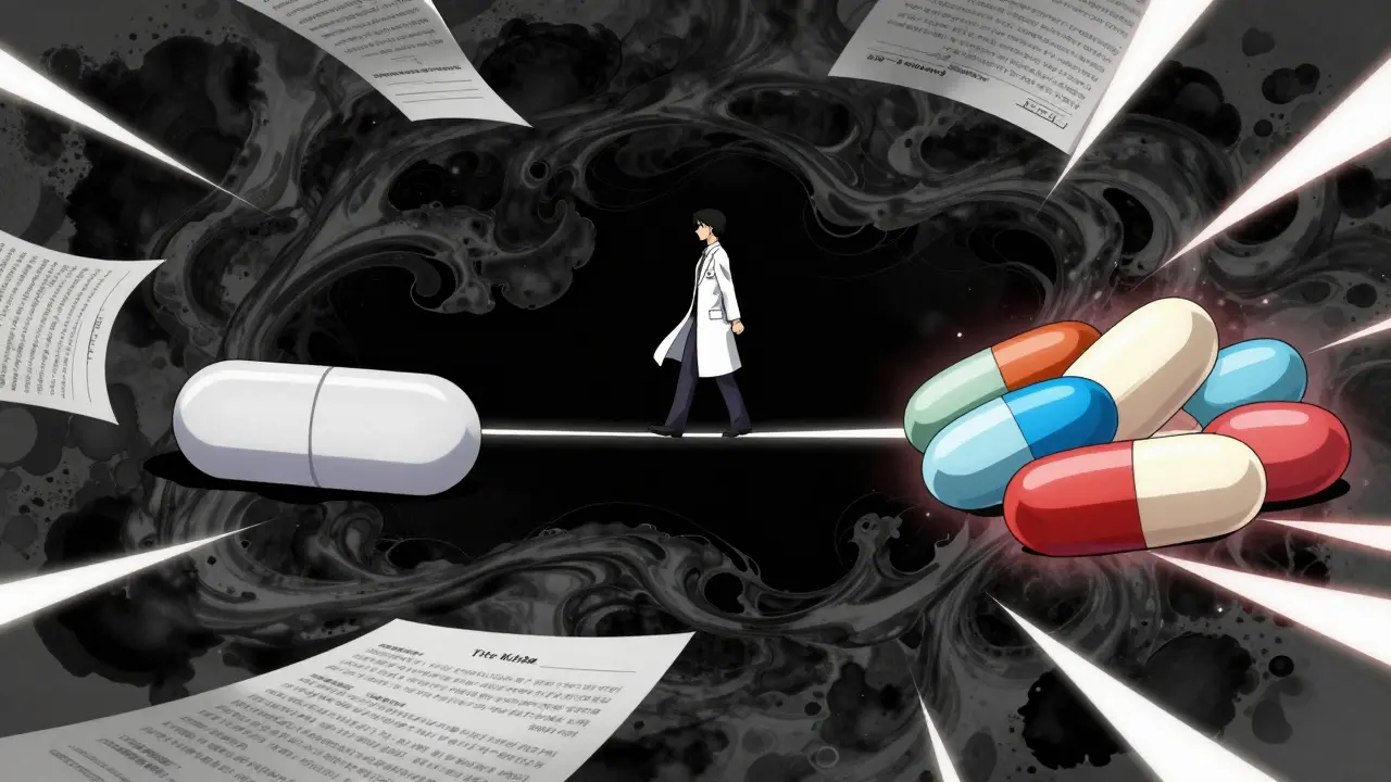 Pharmacist balancing on a tightrope between generic and combination pills in manga style