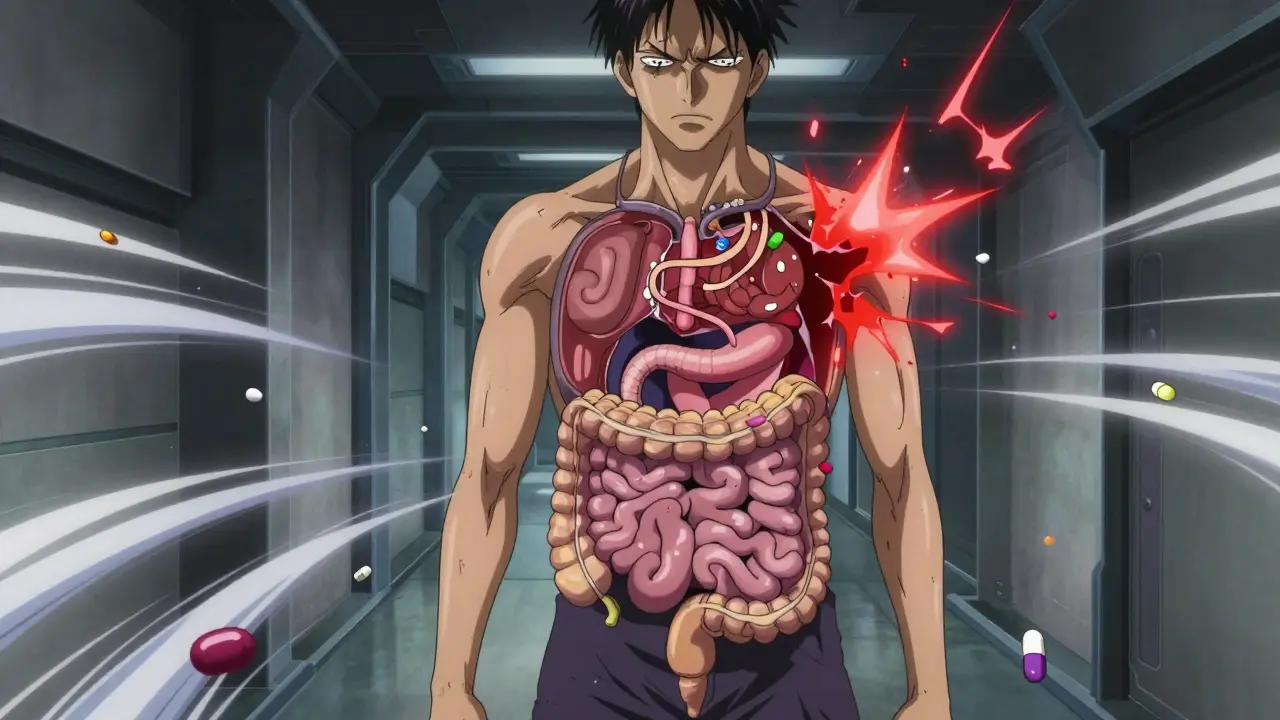 Stylized internal view of a body with pill fragments causing small sparks of red electricity.