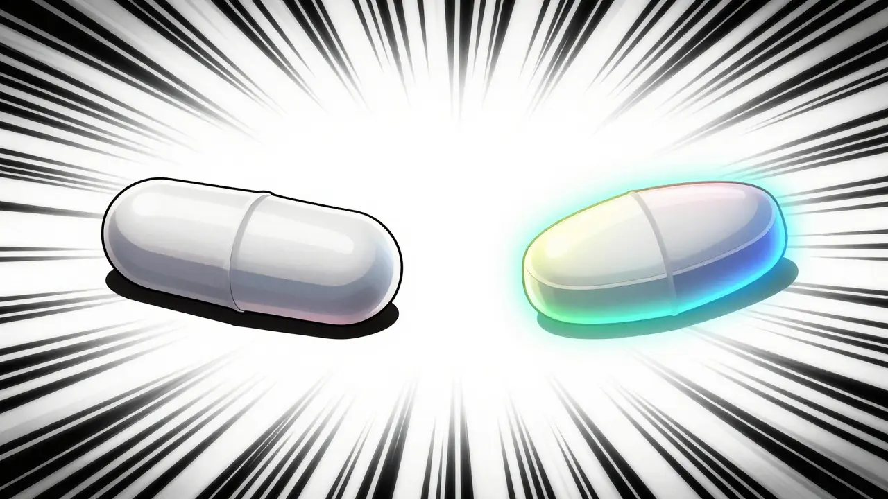 Two different medicinal pills facing each other with dynamic energy auras and speed lines.