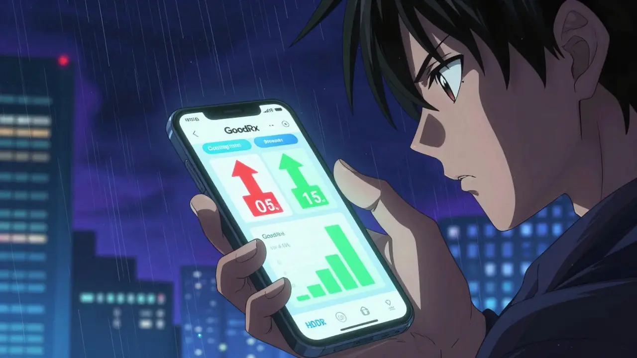 A character intensely checking price comparisons on a smartphone in a stylized digital cityscape.