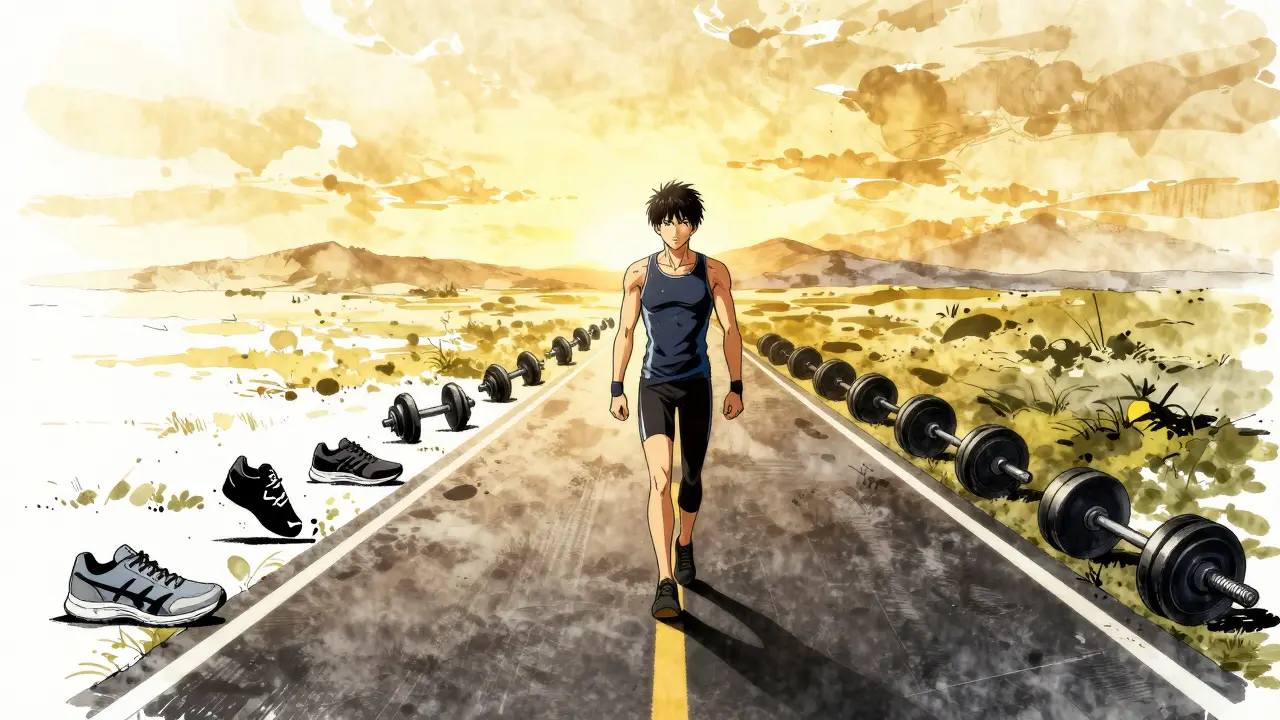 Anime character walking a path where cardio and strength symbols merge, illustrating the benefits of hybrid fitness training.
