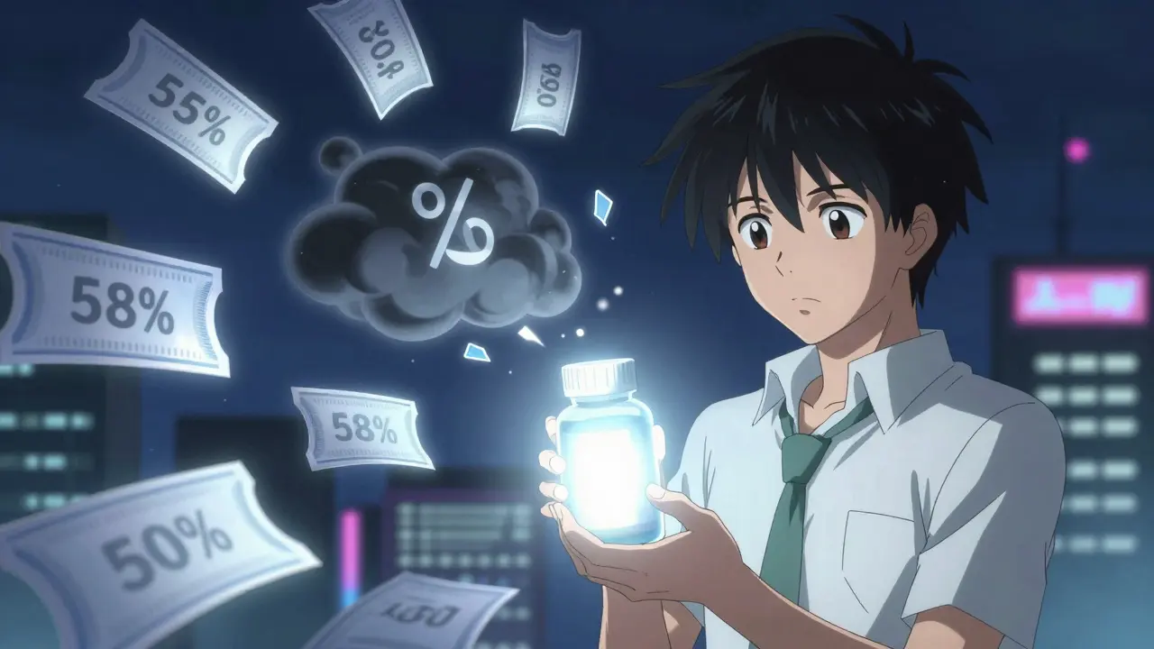 Character holding medicine bottle with floating discount coupons in anime style