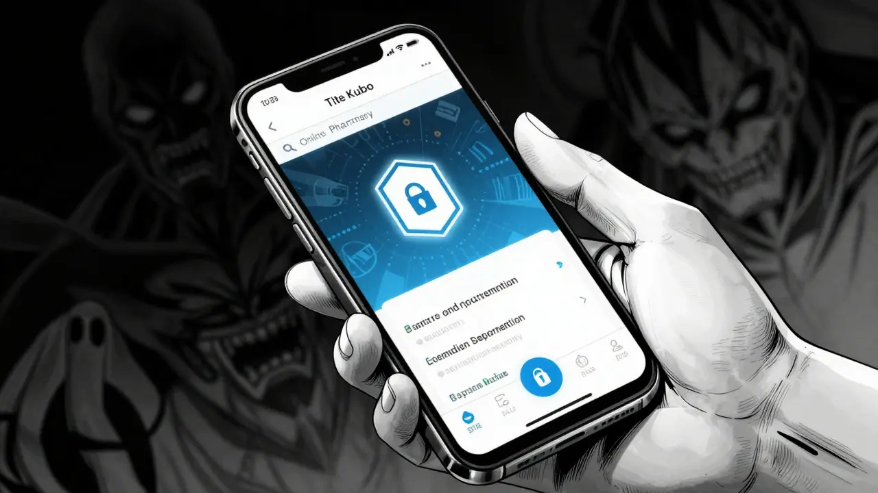 Hand holding phone showing secure pharmacy app in dark setting