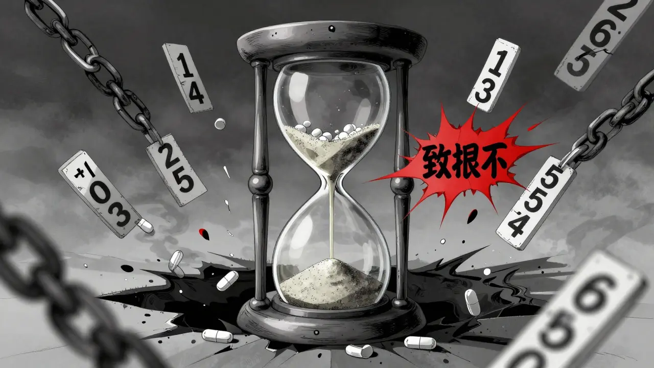 Hourglass with pills and breaking chains showing expiration