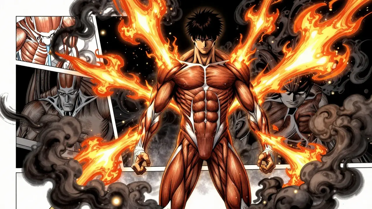 Manga illustration of a muscular figure with glowing muscle fibers, representing increased metabolic rate from strength training.