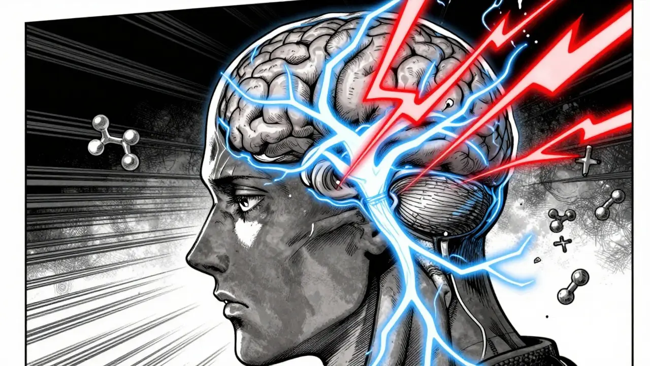 Manga style depiction of a brain with electrical disruptions symbolizing seizure risks from drug switches.