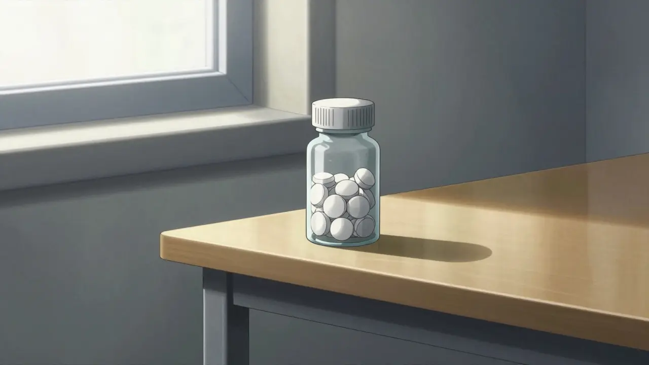 Medication bottle stored safely on a shelf in a cool, sunlit room