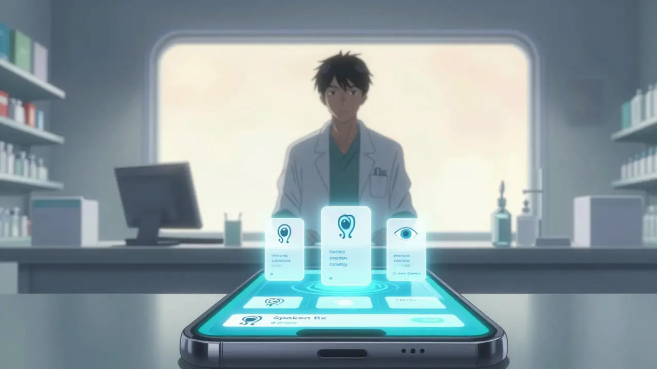 Pharmacist at counter with holographic digital health icons