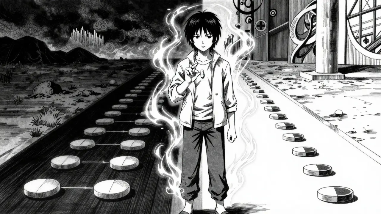 Stylized anime character making a choice between medication paths with glowing pill in hand.