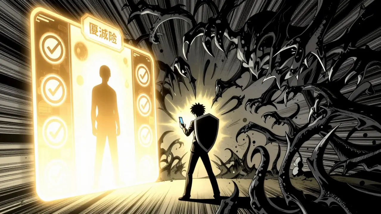 Stylized battle between safe digital pharmacy portals and shadowy counterfeit threats