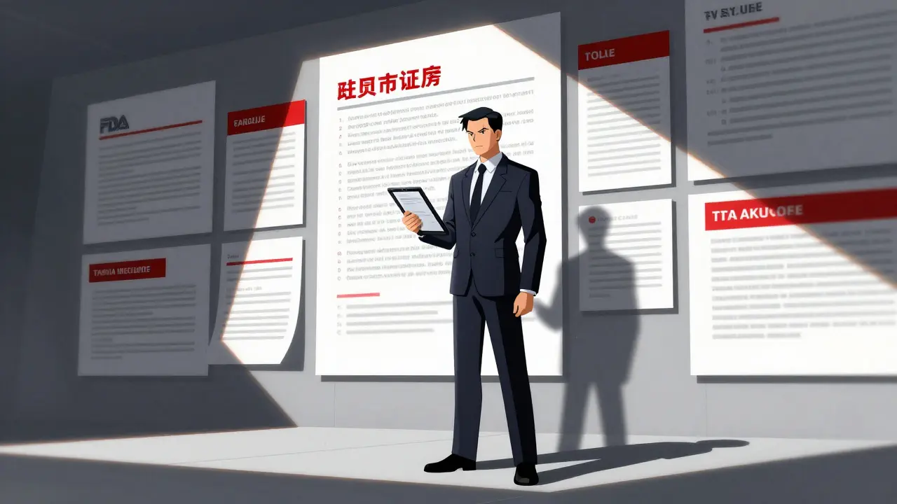 Stylized figure reviewing strict regulatory documents