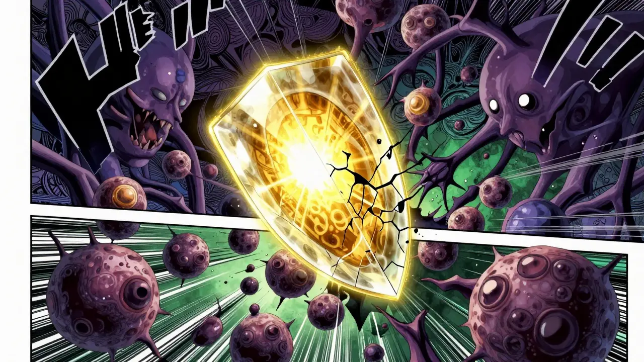 Abstract manga art of liver cells battling shadow toxins