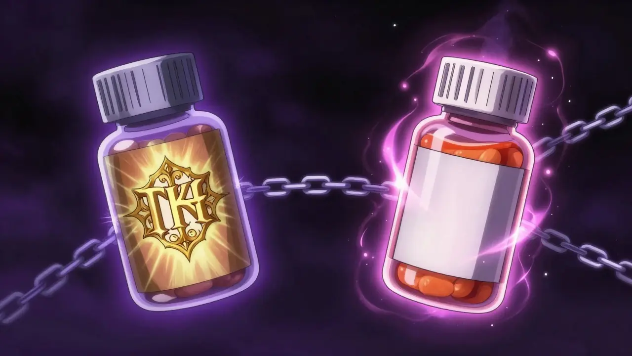 Anime art showing two identical drug bottles, one branded and one generic, connected by ethereal energy chains.
