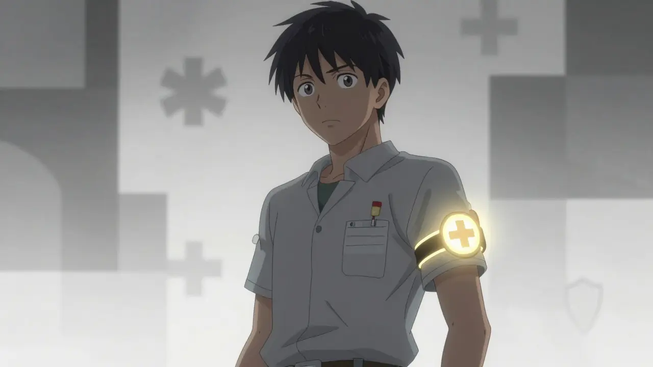 Anime character wearing a glowing medical alert bracelet for IgA deficiency safety
