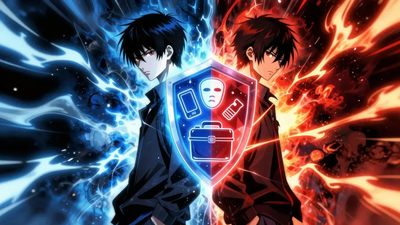 Characters facing conflicting drug energies with a protective shield