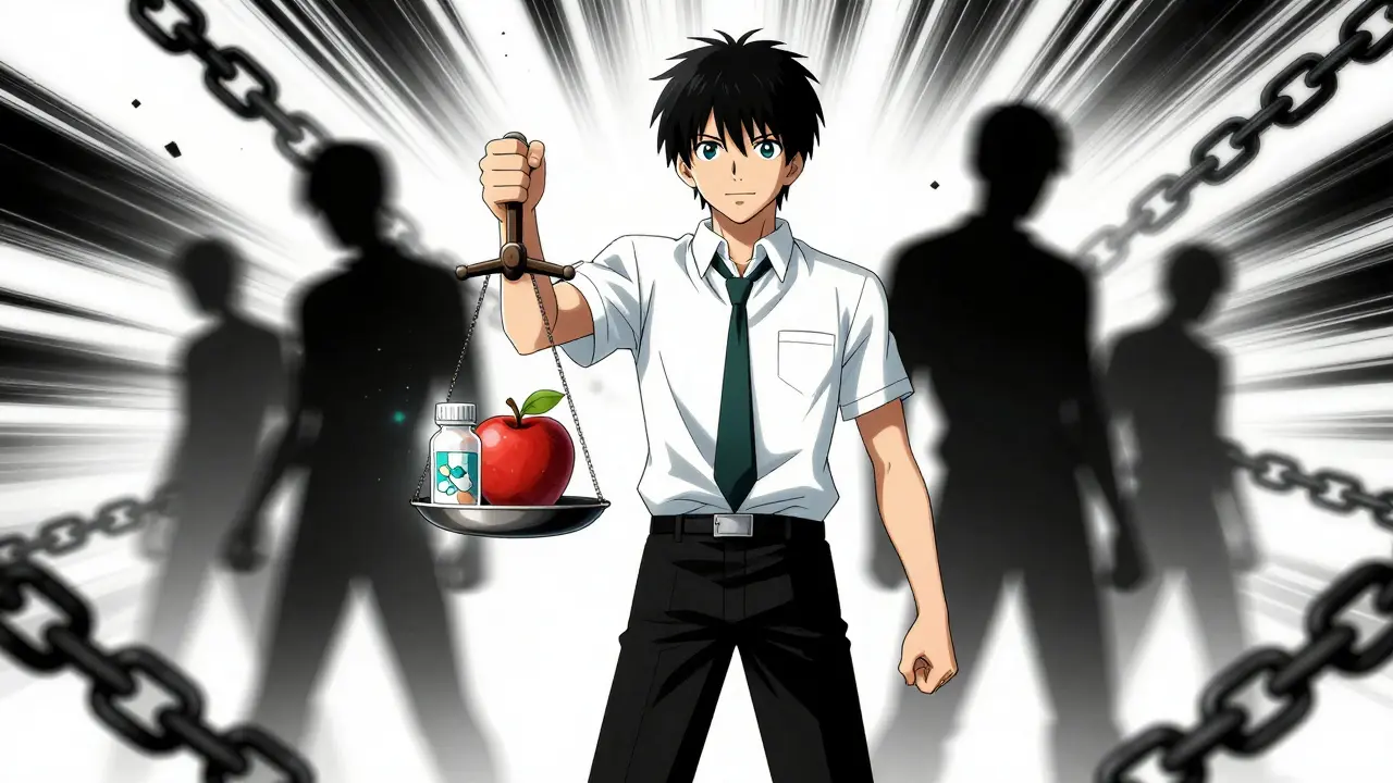 Determined character balancing medication and healthy food, breaking free from side effects