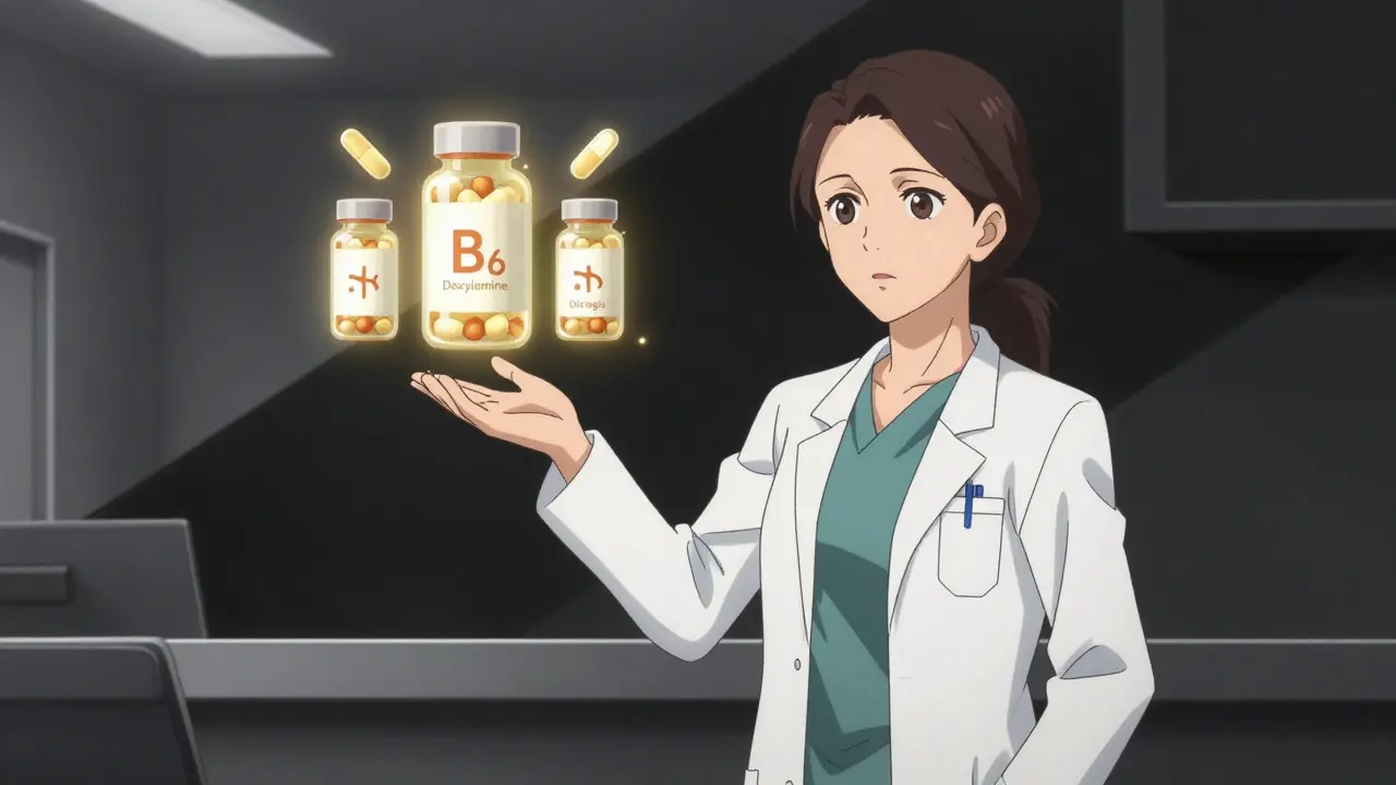Doctor presenting safe pregnancy medications in clinic